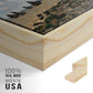 Close-up of the natural wood floater frame corner and gallery wrapped canvas construction.