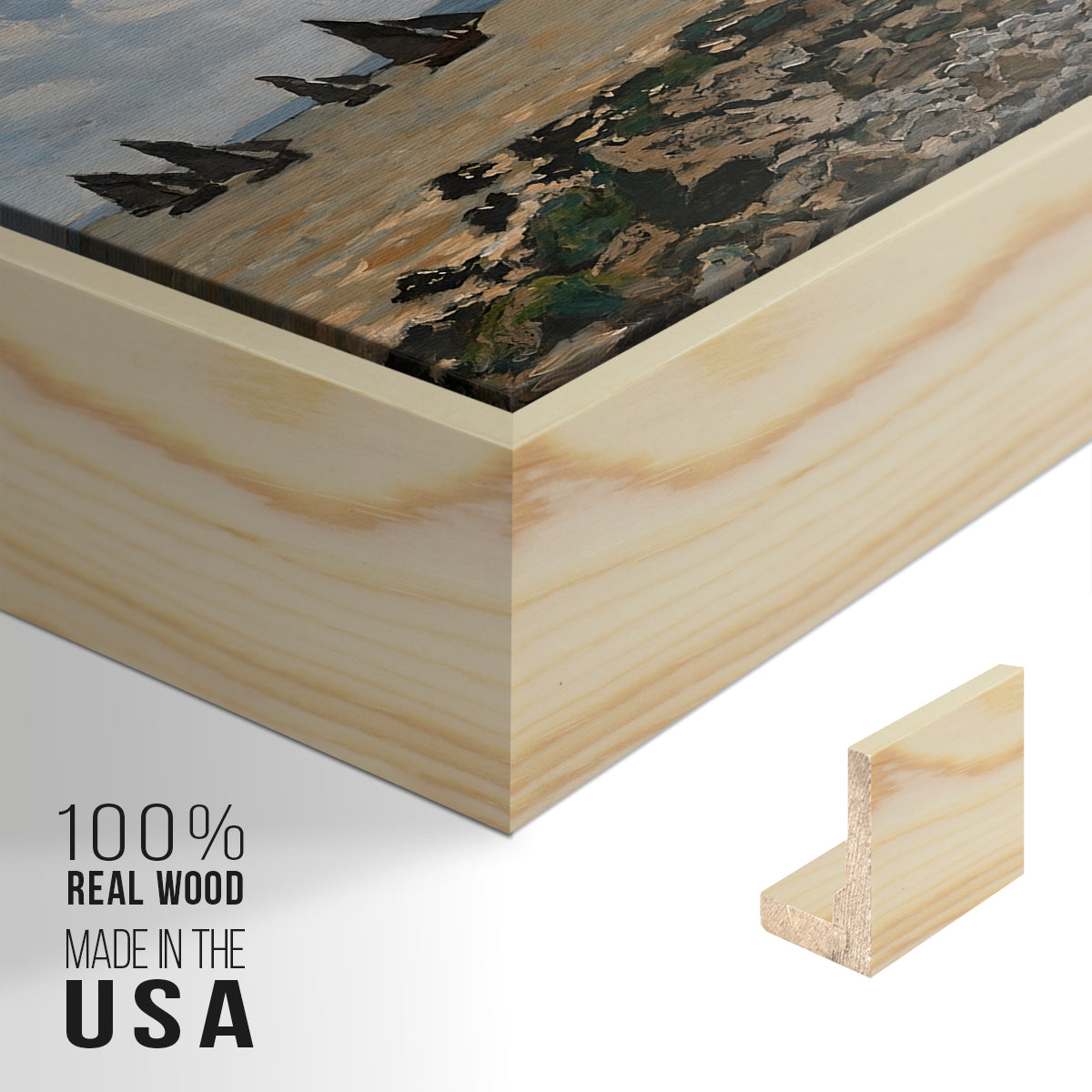 Close-up of the natural wood floater frame corner and gallery wrapped canvas construction.
