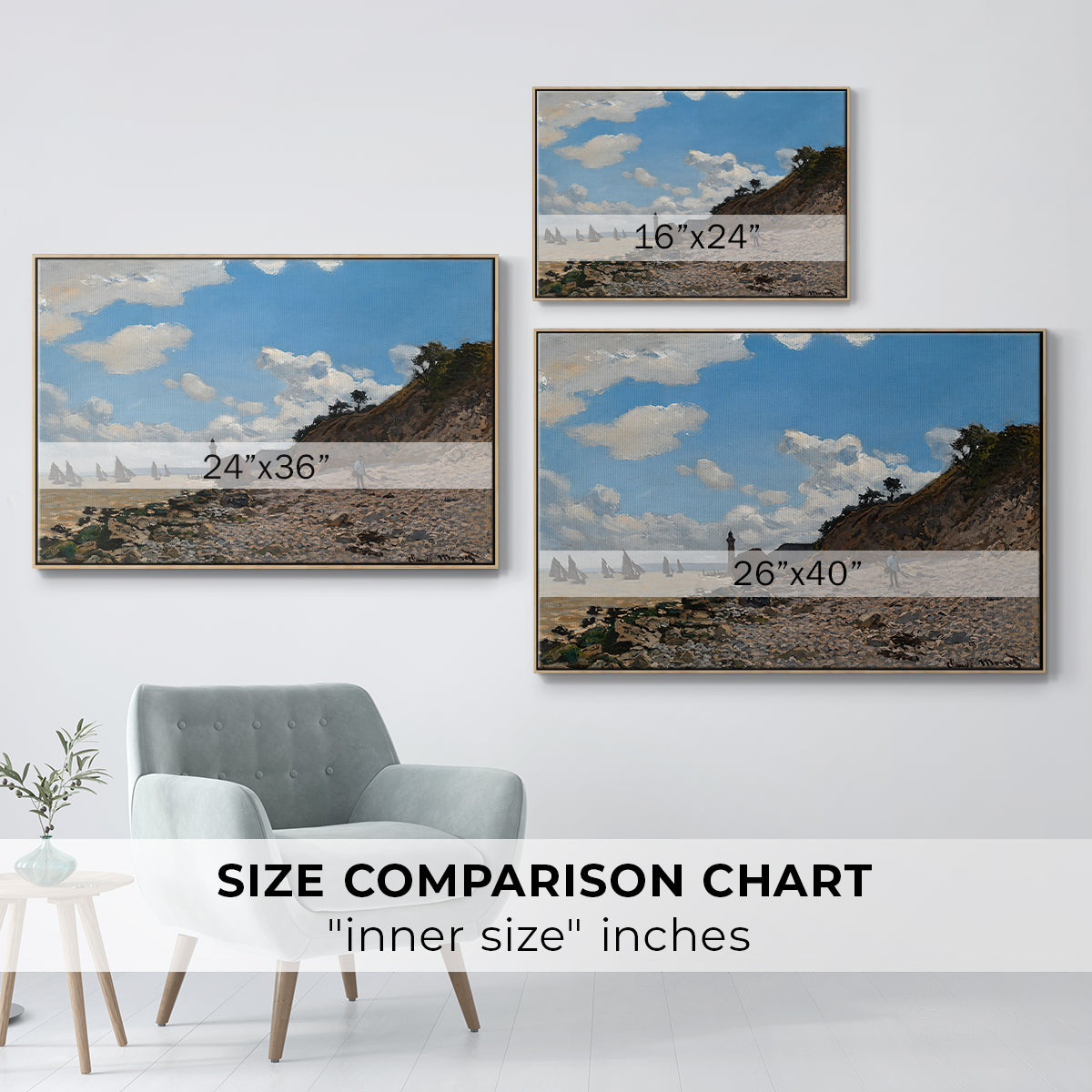 Size comparison chart for natural wood floater framed canvas featuring The Beach at Honfleur, 1864 by Claude Monet.