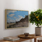 The Beach at Honfleur, 1864 by Claude Monet, presented in a natural wood floater framed canvas featuring a coastal beach scene with figures gathered along shoreline and boats nearby, displayed above a hallway console table.