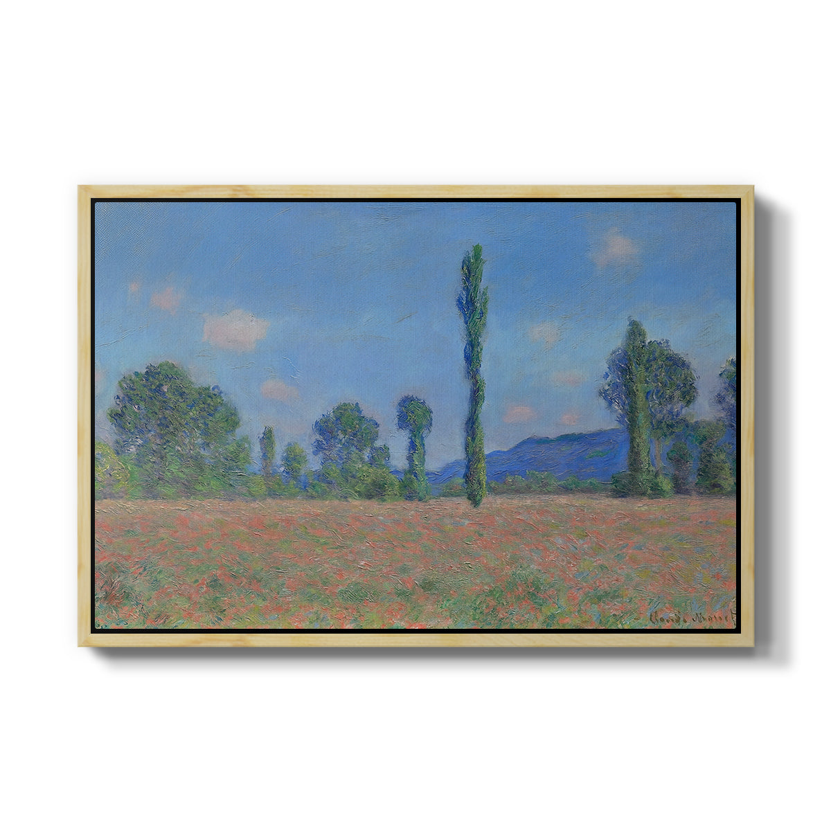 Poppy Field (Giverny), 1890-1891 by Claude Monet in a natural wood floater framed canvas wall art display.