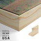 Close-up of the natural wood floater frame corner and gallery wrapped canvas construction.