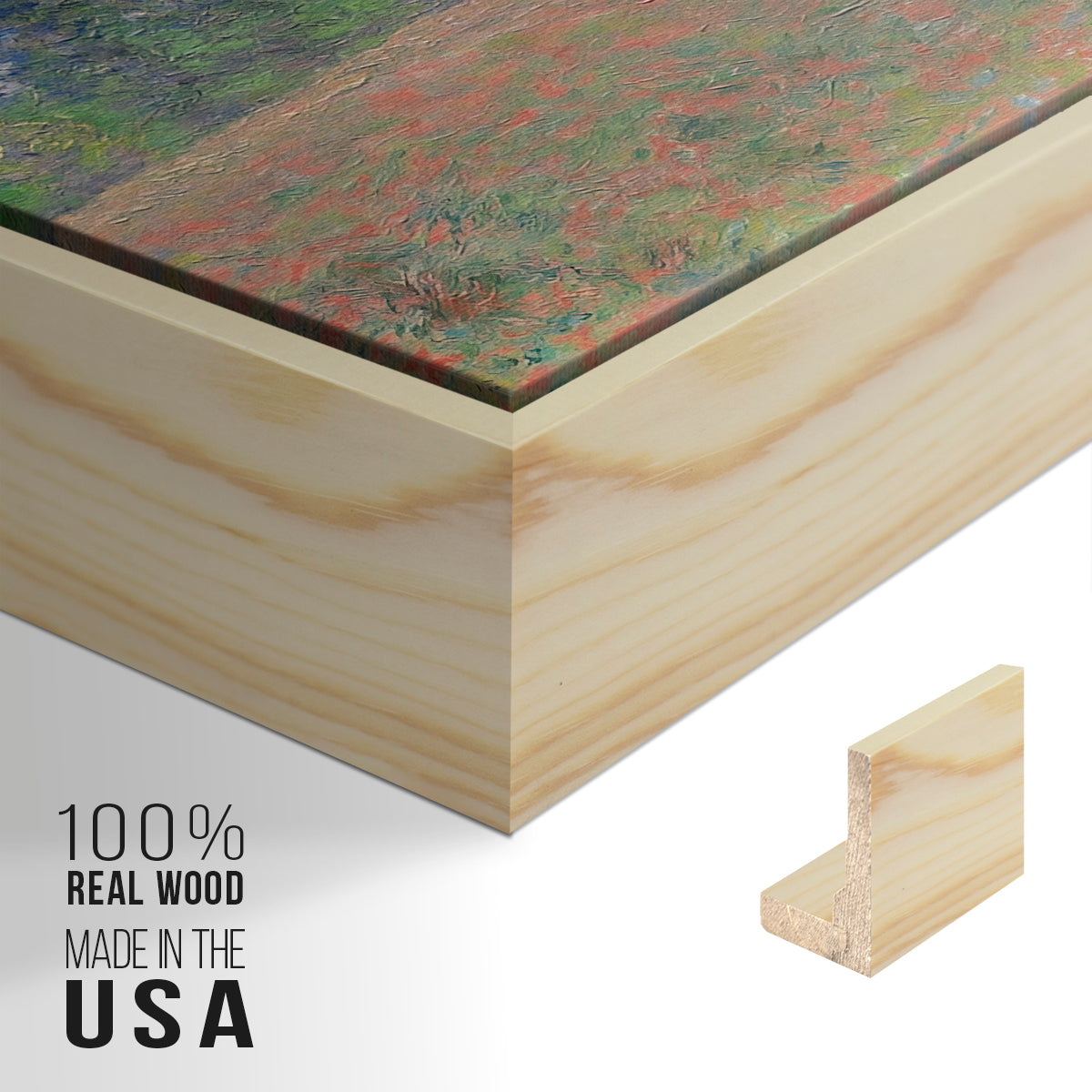 Close-up of the natural wood floater frame corner and gallery wrapped canvas construction.
