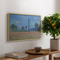 Poppy Field (Giverny), 1890-1891 by Claude Monet, presented in a natural wood floater framed canvas featuring an expansive field of red poppies with tall trees under blue sky, displayed above a hallway console table.