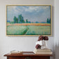 Natural wood floater framed canvas featuring The Wheat Field (Champ de Blé), 1881 by Claude Monet above an entryway table in a minimalist foyer.
