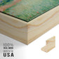 Close-up of the natural wood floater frame corner and gallery wrapped canvas construction.