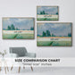 Size comparison chart for natural wood floater framed canvas featuring The Wheat Field (Champ de Blé), 1881 by Claude Monet.