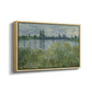 Angled view of Banks of the Seine, Vétheuil, 1880 by Claude Monet in a natural wood floater framed canvas.