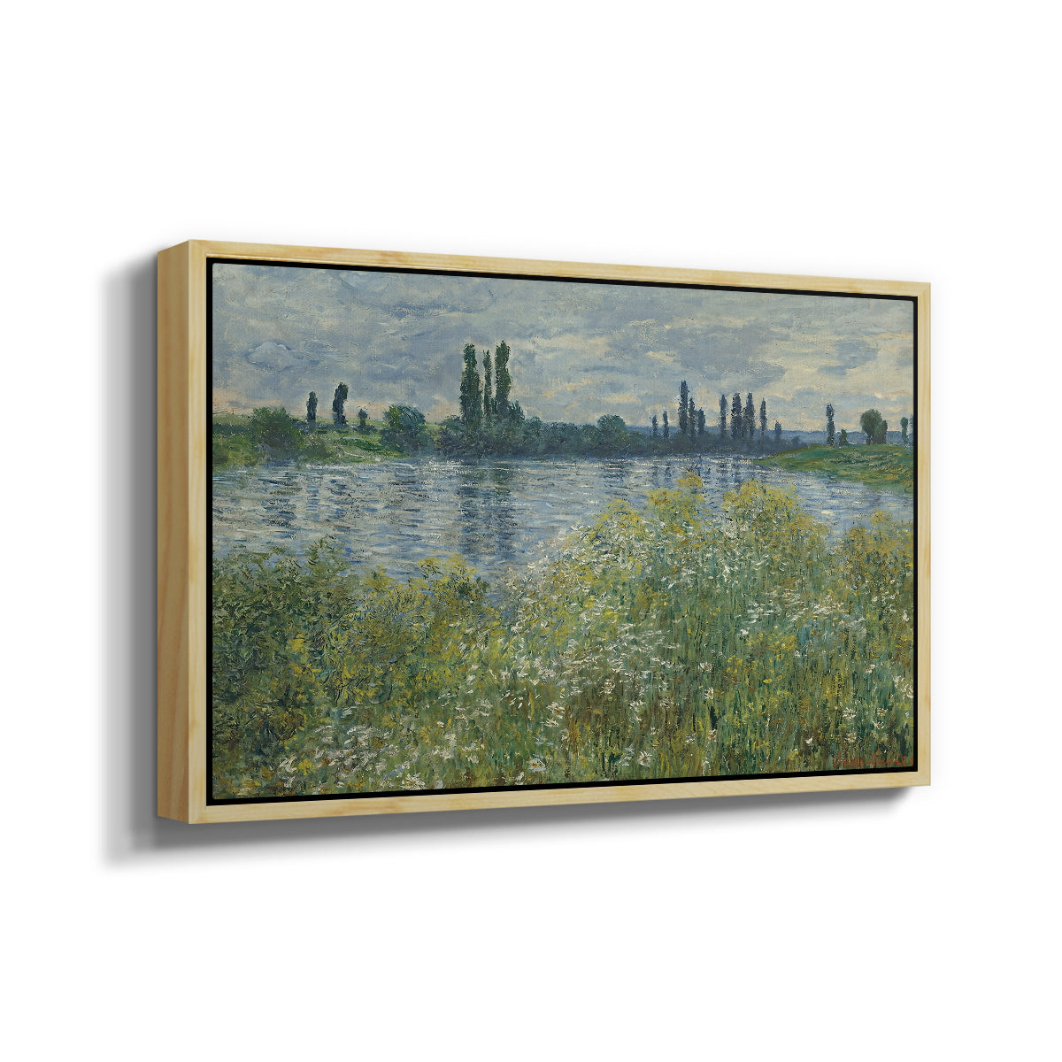 Angled view of Banks of the Seine, Vétheuil, 1880 by Claude Monet in a natural wood floater framed canvas.
