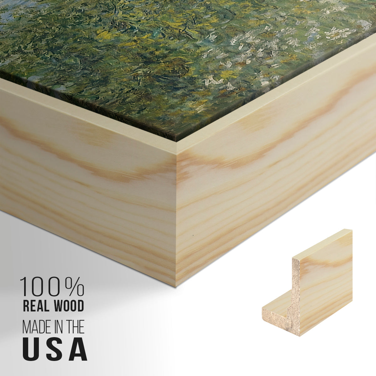 Close-up of the natural wood floater frame corner and gallery wrapped canvas construction.