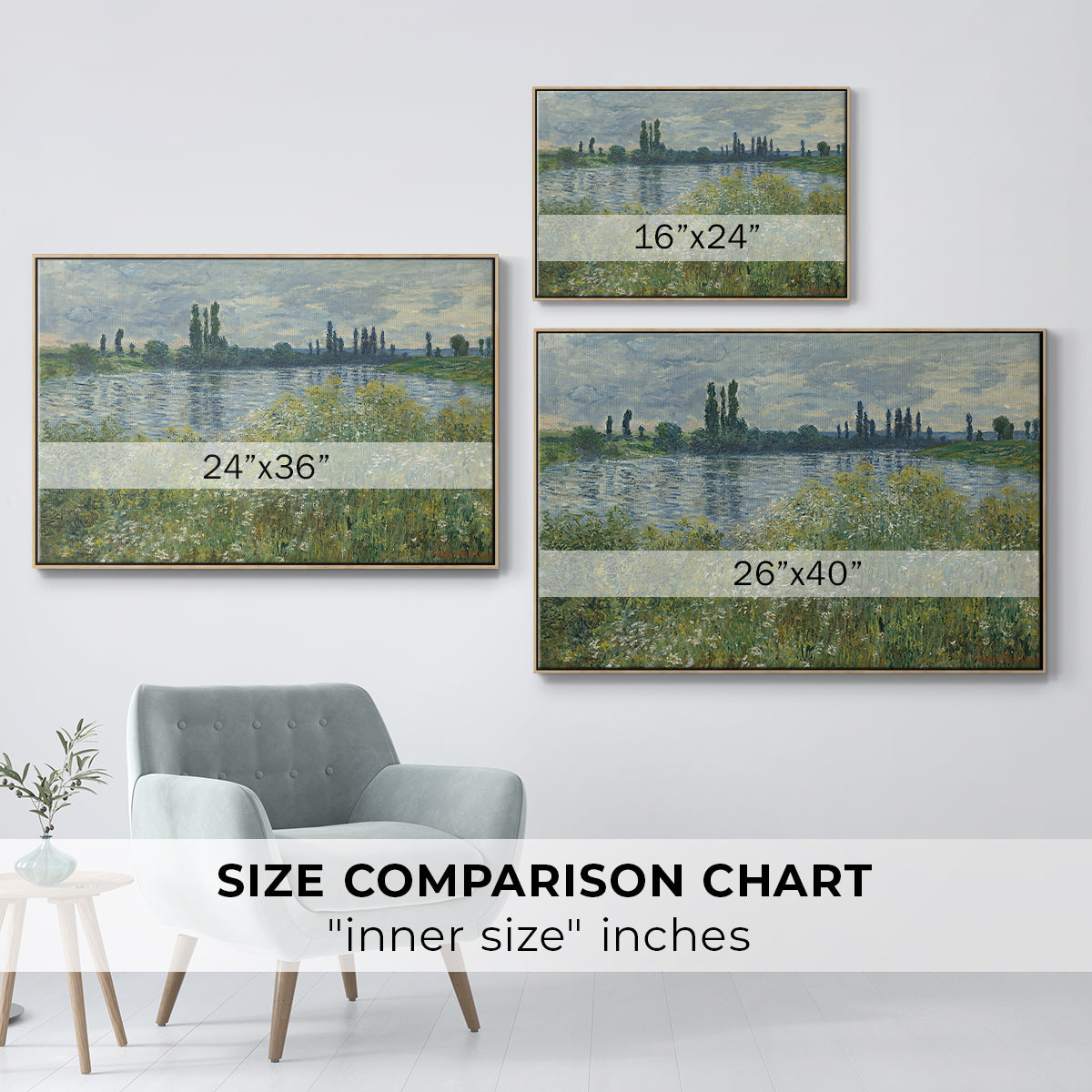 Size comparison chart for natural wood floater framed canvas featuring Banks of the Seine, Vétheuil, 1880 by Claude Monet.