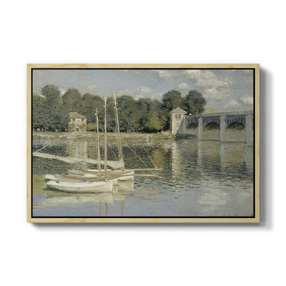The Bridge at Argenteuil, 1874 by Claude Monet in a natural wood floater framed canvas wall art display.