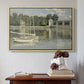Natural wood floater framed canvas featuring The Bridge at Argenteuil, 1874 by Claude Monet above an entryway table in a minimalist foyer.