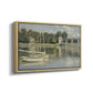 Angled view of The Bridge at Argenteuil, 1874 by Claude Monet in a natural wood floater framed canvas.