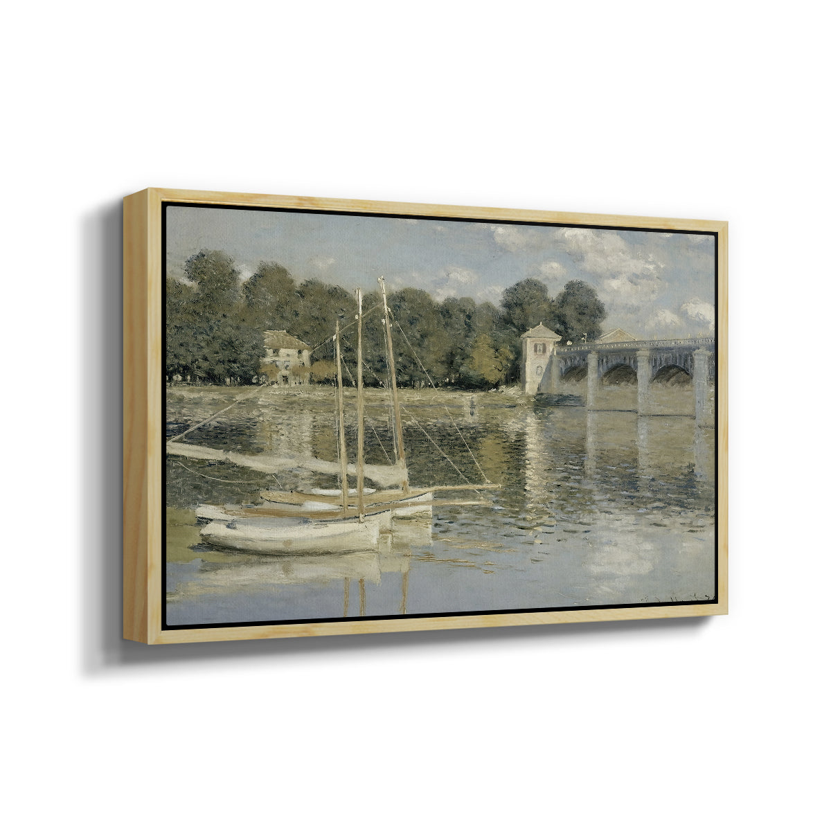 Angled view of The Bridge at Argenteuil, 1874 by Claude Monet in a natural wood floater framed canvas.