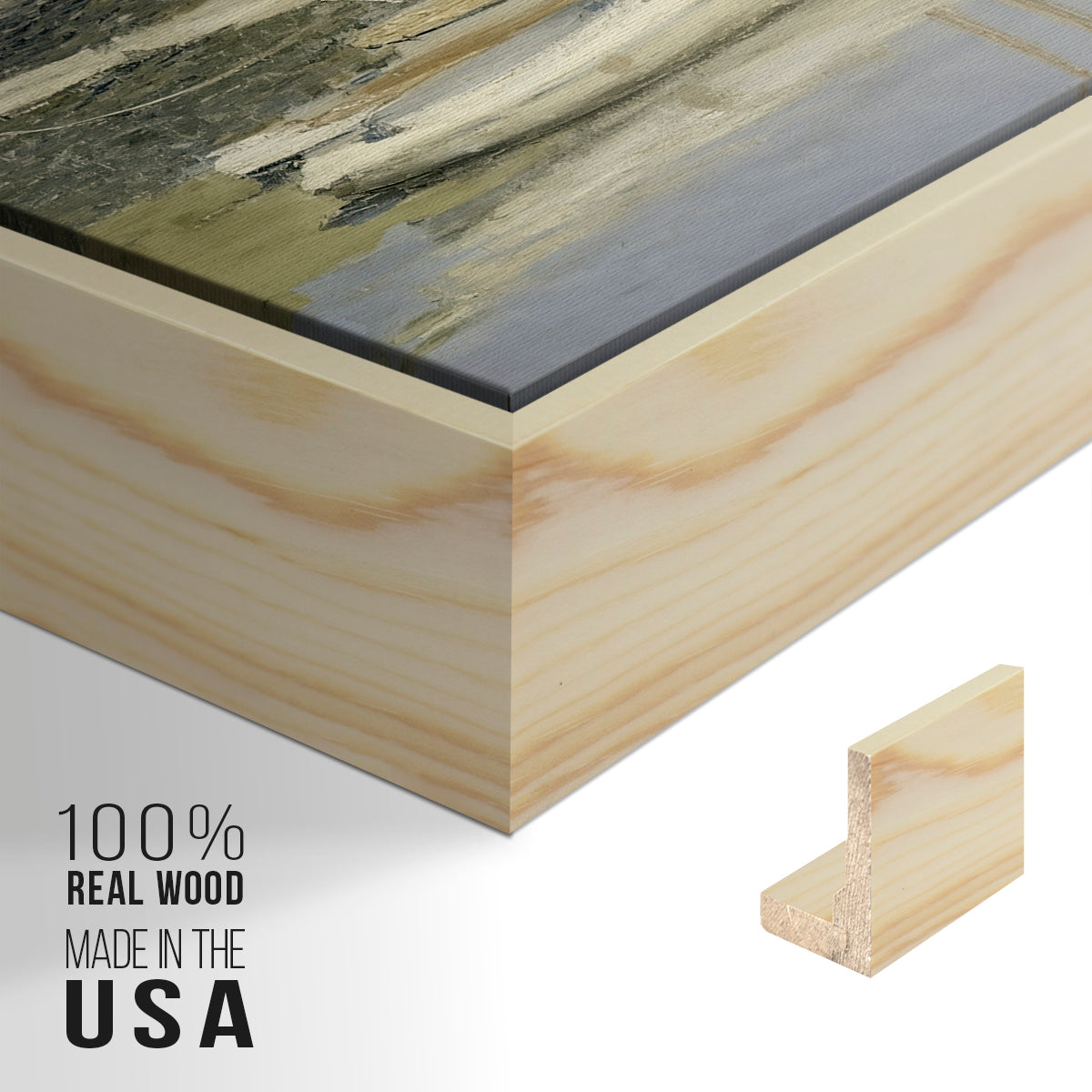 Close-up of the natural wood floater frame corner and gallery wrapped canvas construction.