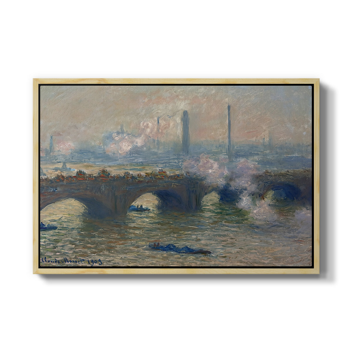 Waterloo Bridge, Gray Day, 1903 by Claude Monet in a natural wood floater framed canvas wall art display.