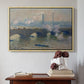 Natural wood floater framed canvas featuring Waterloo Bridge, Gray Day, 1903 by Claude Monet above an entryway table in a minimalist foyer.