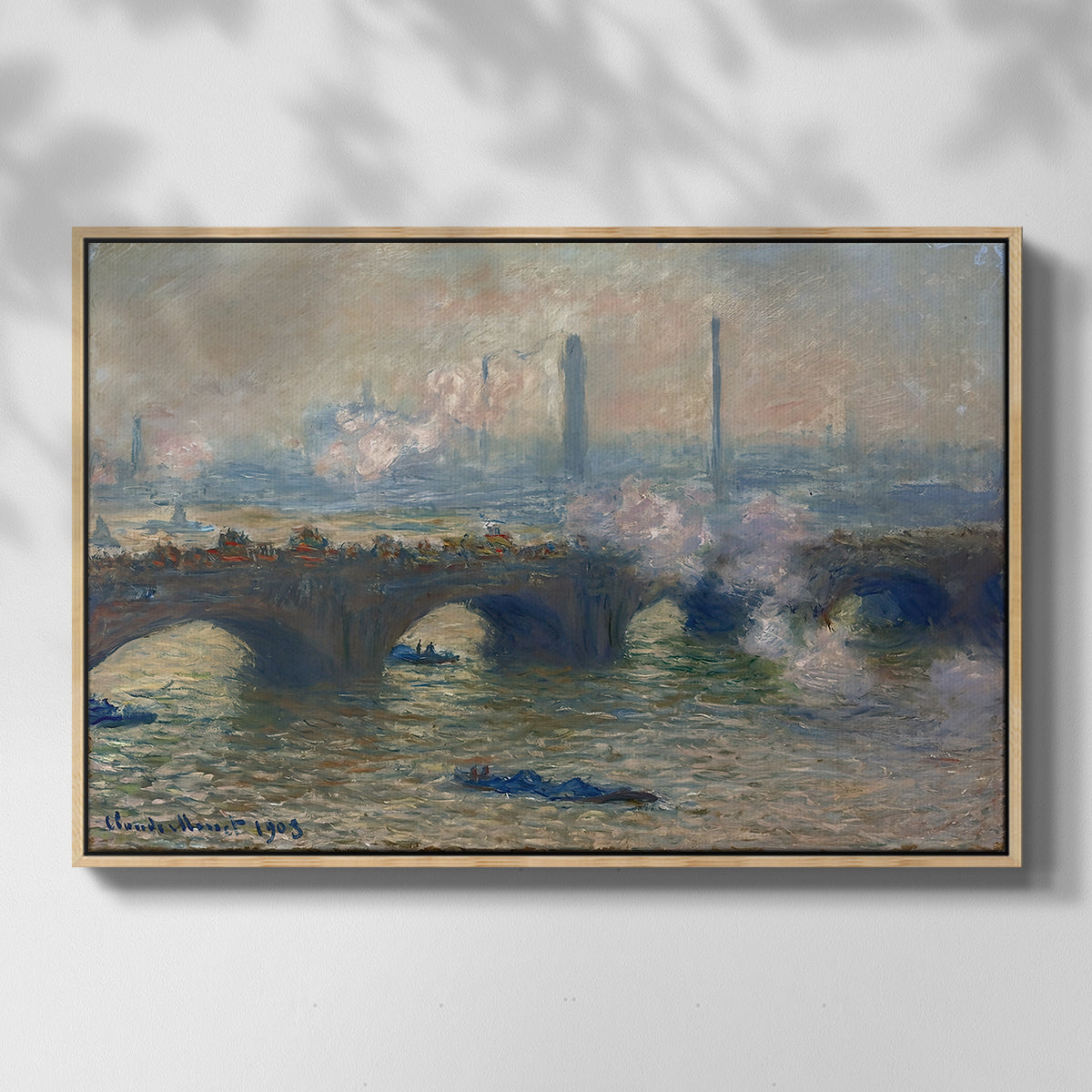 Front view of Waterloo Bridge, Gray Day, 1903 by Claude Monet in a natural wood floater framed canvas.