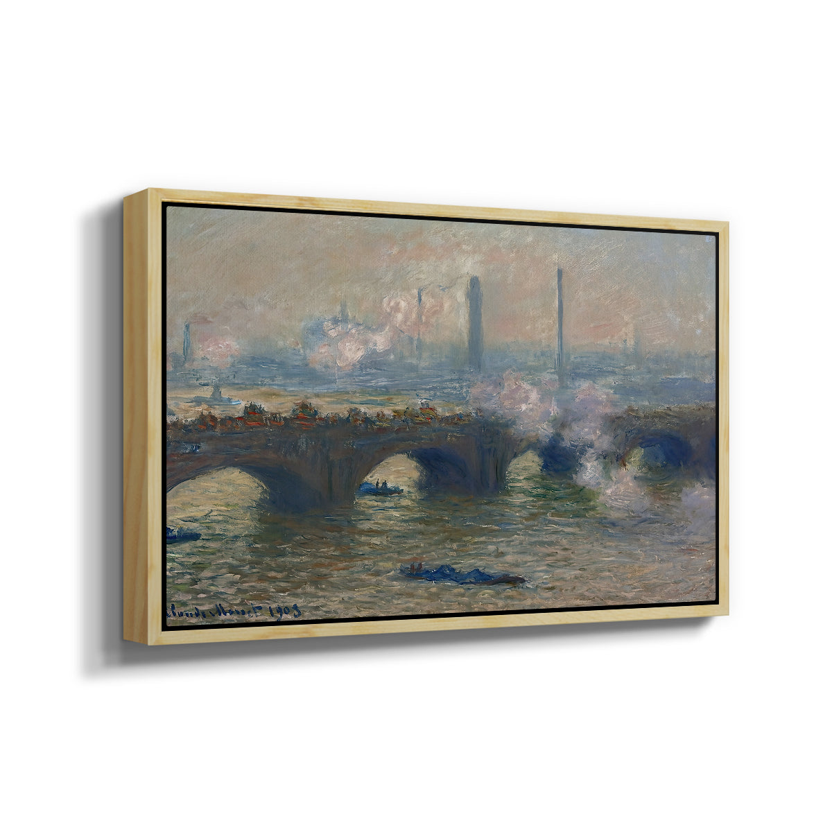 Angled view of Waterloo Bridge, Gray Day, 1903 by Claude Monet in a natural wood floater framed canvas.