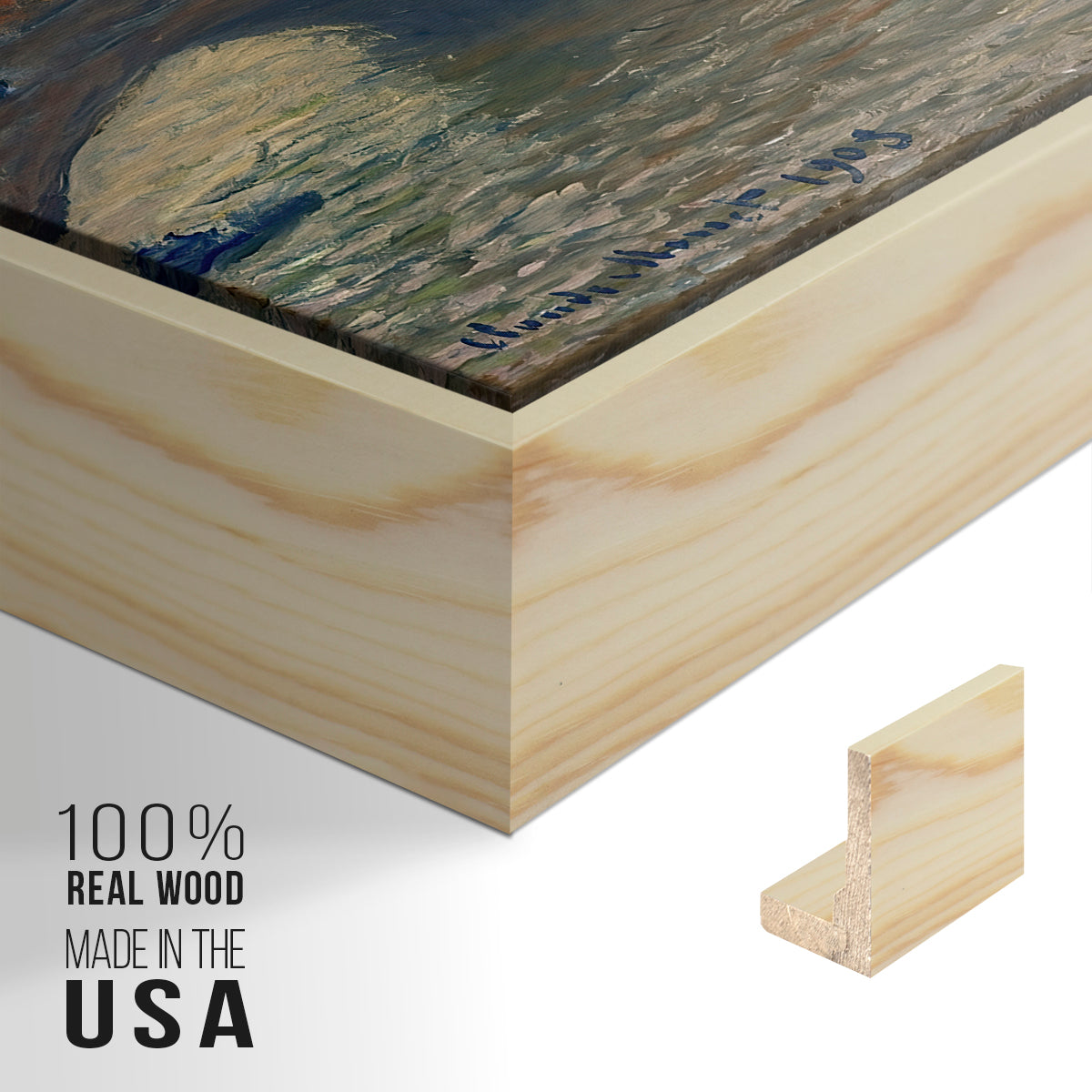 Close-up of the natural wood floater frame corner and gallery wrapped canvas construction.