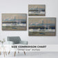 Size comparison chart for natural wood floater framed canvas featuring Waterloo Bridge, Gray Day, 1903 by Claude Monet.