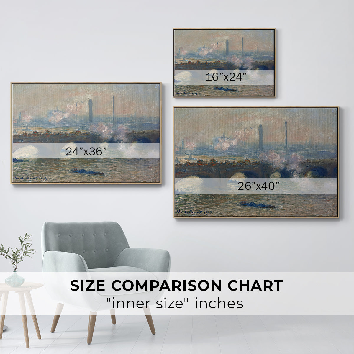 Size comparison chart for natural wood floater framed canvas featuring Waterloo Bridge, Gray Day, 1903 by Claude Monet.