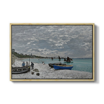 The Beach at Sainte-Adresse, 1867 by Claude Monet in a natural wood floater framed canvas wall art display.