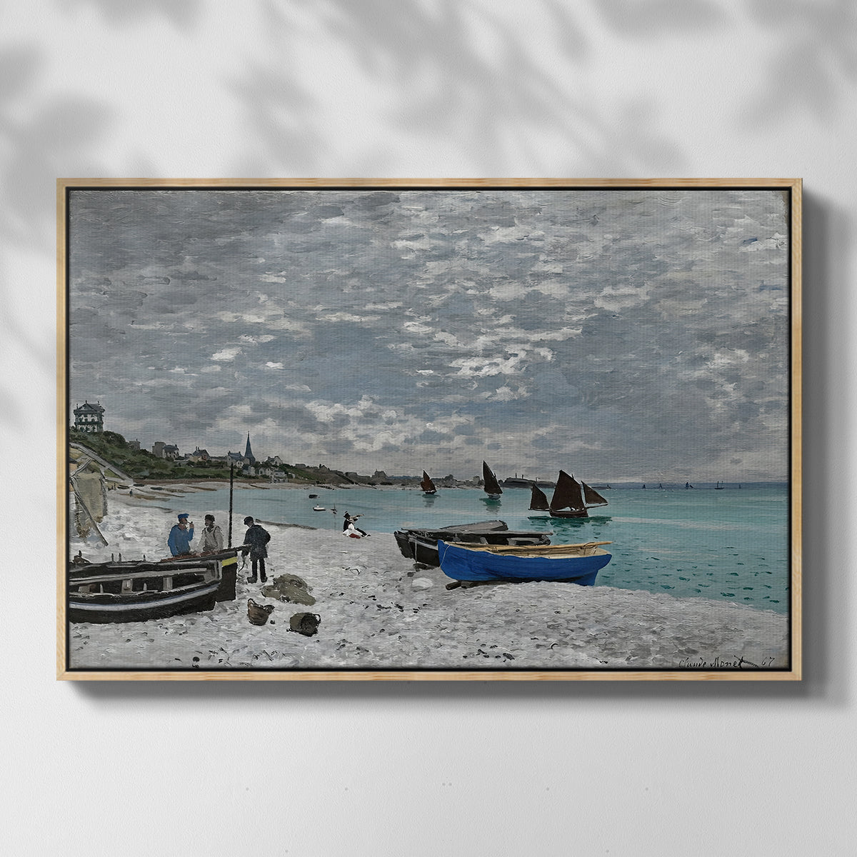 Front view of The Beach at Sainte-Adresse, 1867 by Claude Monet in a natural wood floater framed canvas.