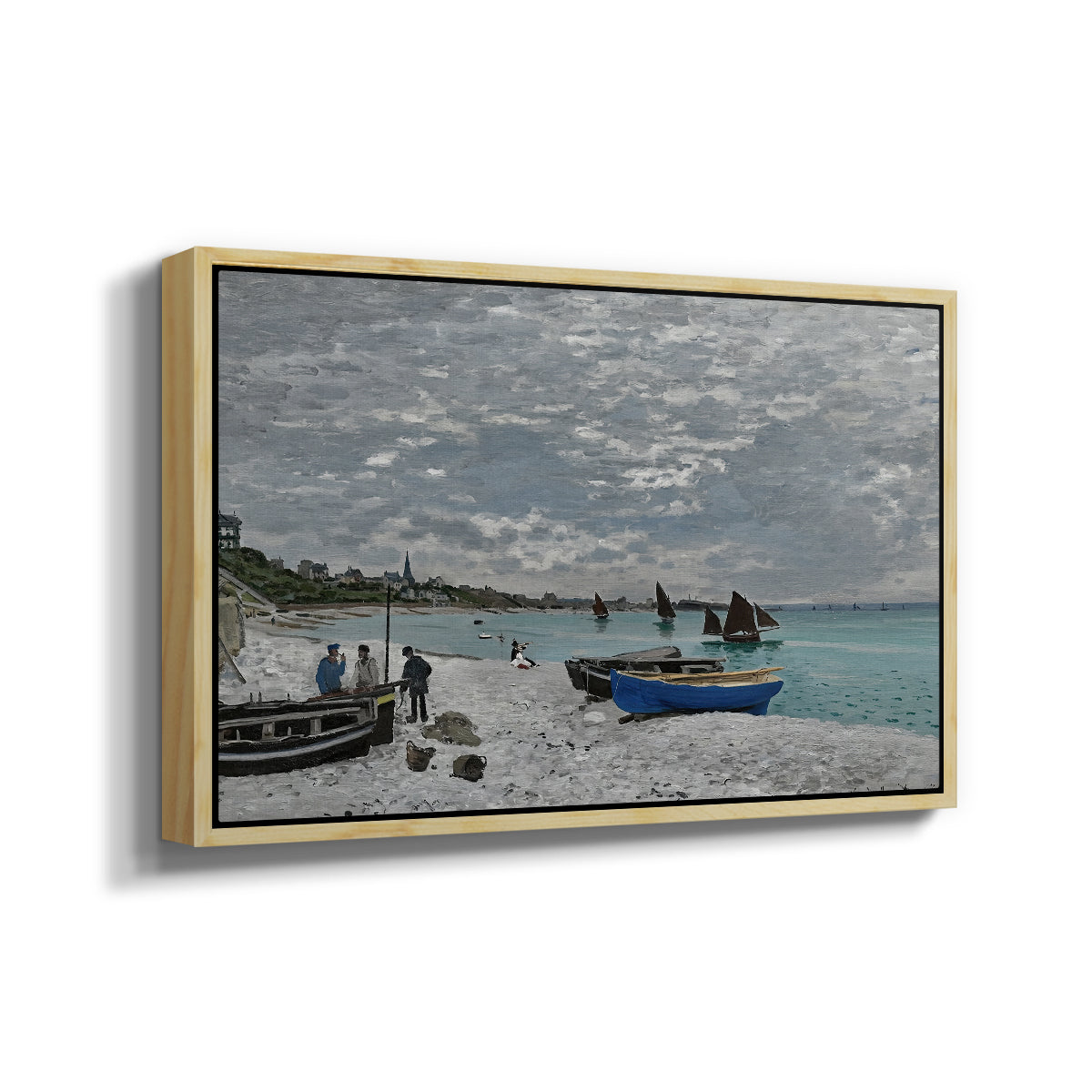Angled view of The Beach at Sainte-Adresse, 1867 by Claude Monet in a natural wood floater framed canvas.