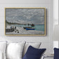 The Beach at Sainte-Adresse, 1867 by Claude Monet displayed above a sofa in a living room in a natural wood floater frame, featuring a lively beach scene with people overlooking water and ships.