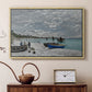 Natural wood floater framed canvas featuring a coastal landscape with sailboats and visitors on cliffside, displayed above a cabinet in a soft-toned living room.