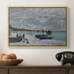 The Beach at Sainte-Adresse, 1867 by Claude Monet in a natural wood floater framed canvas displayed above a console table in a hallway, featuring an impressionist seaside gathering with flags and ocean view.