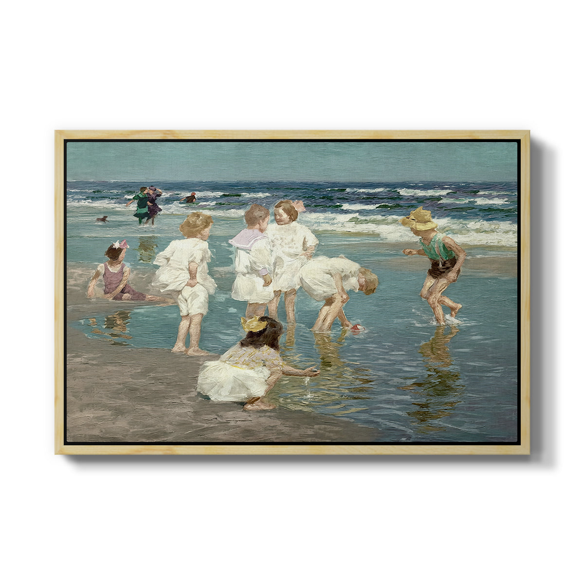 A Holiday, c. 1915 by Edward Henry Potthast in a natural wood floater framed canvas wall art display.