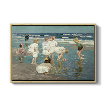 A Holiday, c. 1915 by Edward Henry Potthast in a natural wood floater framed canvas wall art display.