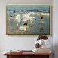 Natural wood floater framed canvas featuring A Holiday, c. 1915 by Edward Henry Potthast above an entryway table in a minimalist foyer.