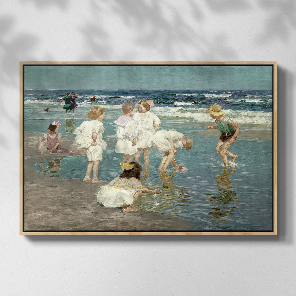 Front view of A Holiday, c. 1915 by Edward Henry Potthast in a natural wood floater framed canvas.