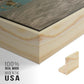 Close-up of the natural wood floater frame corner and gallery wrapped canvas construction.