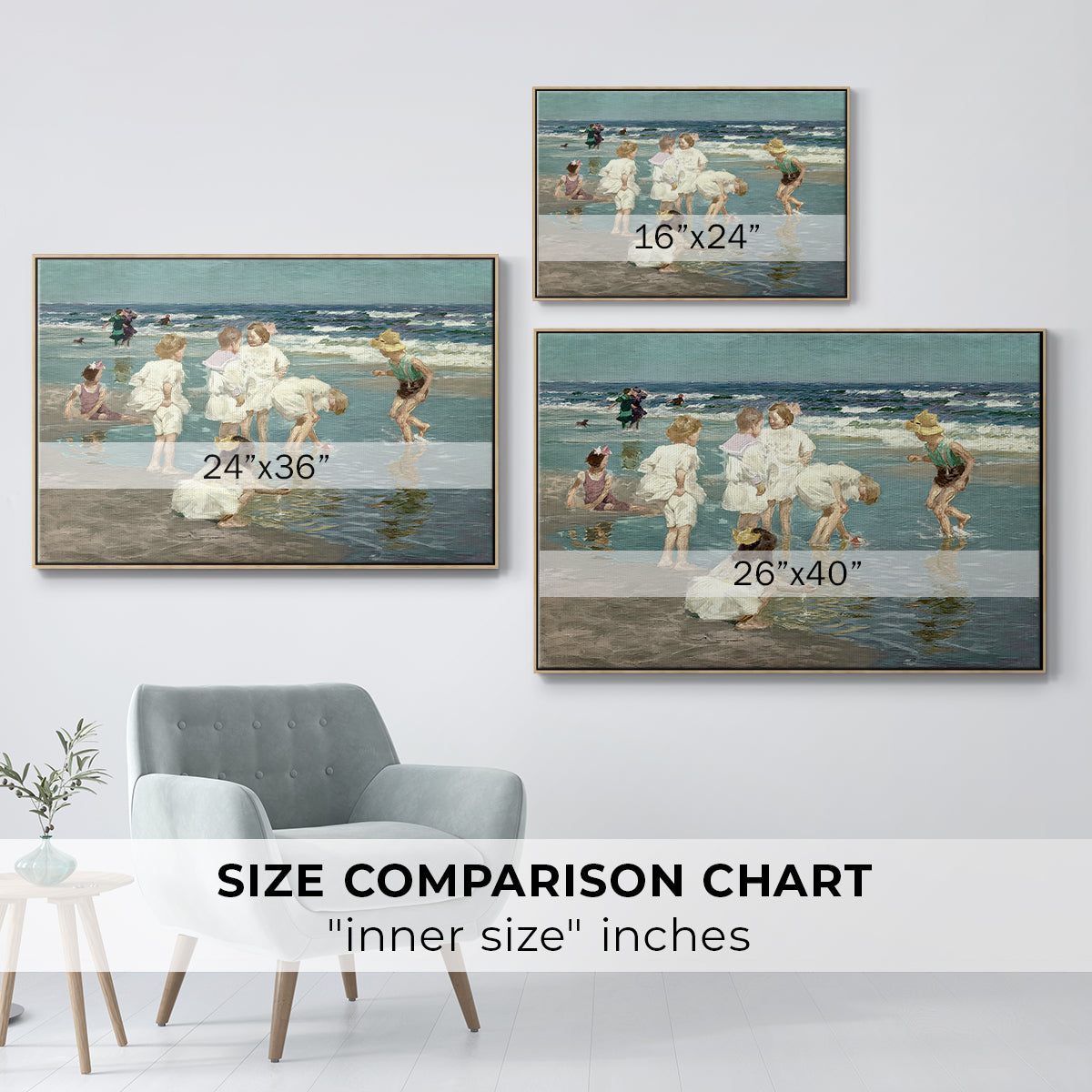 Size comparison chart for natural wood floater framed canvas featuring A Holiday, c. 1915 by Edward Henry Potthast.
