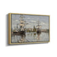 Angled view of Ships Riding on the Seine at Rouen, 1872 by Claude Monet in a natural wood floater framed canvas.