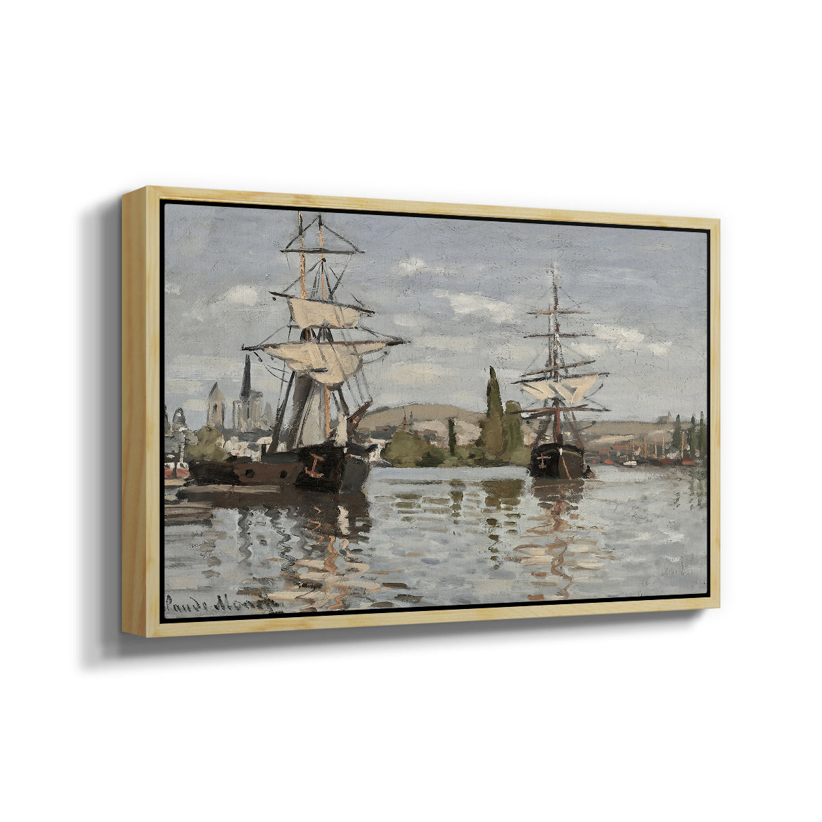 Angled view of Ships Riding on the Seine at Rouen, 1872 by Claude Monet in a natural wood floater framed canvas.
