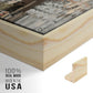 Close-up of the natural wood floater frame corner and gallery wrapped canvas construction.