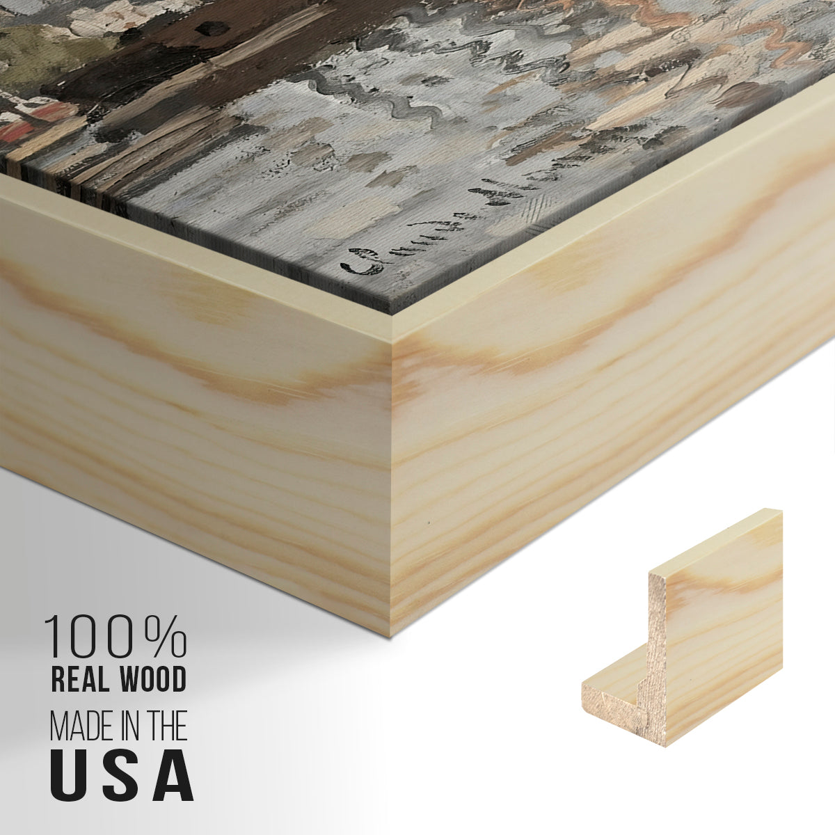 Close-up of the natural wood floater frame corner and gallery wrapped canvas construction.