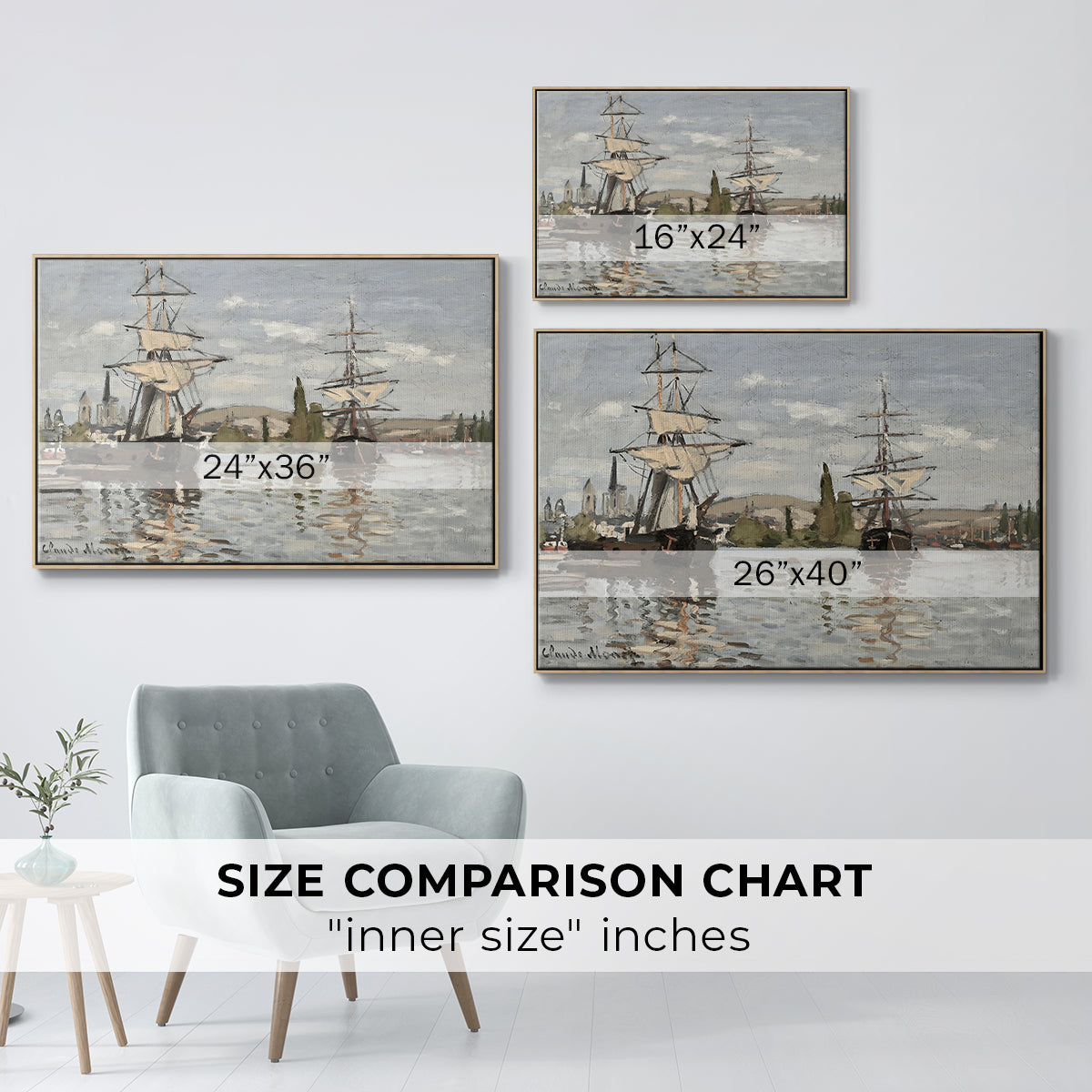 Size comparison chart for natural wood floater framed canvas featuring Ships Riding on the Seine at Rouen, 1872 by Claude Monet.