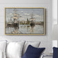 Ships Riding on the Seine at Rouen, 1872 by Claude Monet displayed above a sofa in a living room in a natural wood floater frame, featuring an impressionist river scene with anchored sailing ships and reflections.
