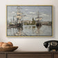 Ships Riding on the Seine at Rouen, 1872 by Claude Monet in a natural wood floater framed canvas displayed above a console table in a hallway, featuring a nautical landscape with vessels resting on calm water.