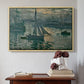Natural wood floater framed canvas featuring Sunrise (Marine), 1873 by Claude Monet above an entryway table in a minimalist foyer.