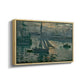 Angled view of Sunrise (Marine), 1873 by Claude Monet in a natural wood floater framed canvas.