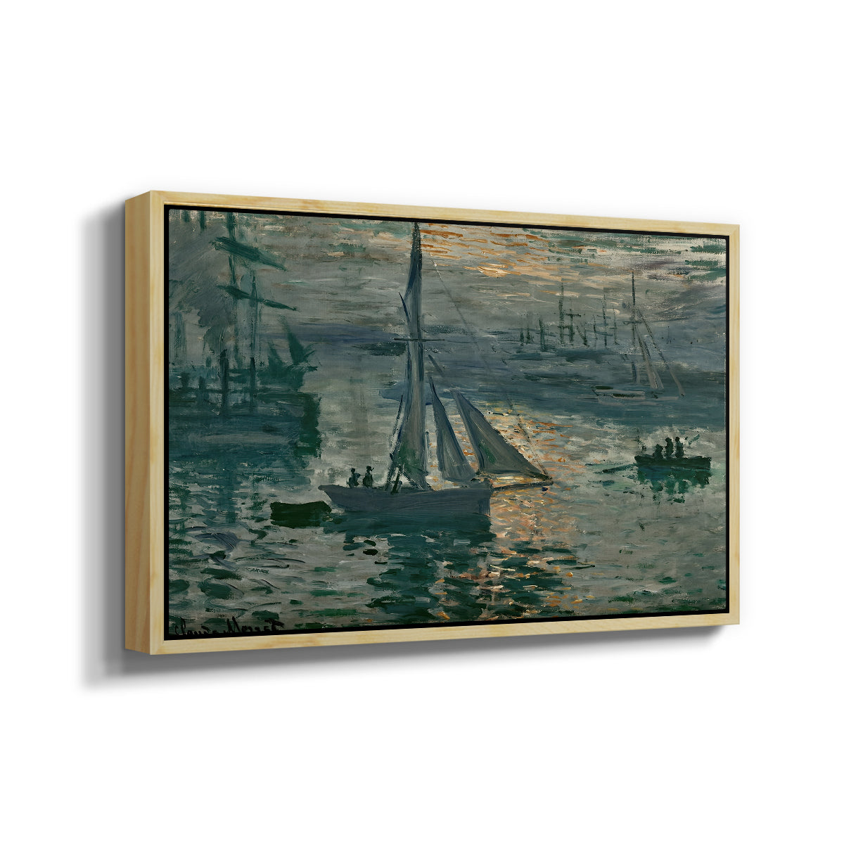 Angled view of Sunrise (Marine), 1873 by Claude Monet in a natural wood floater framed canvas.