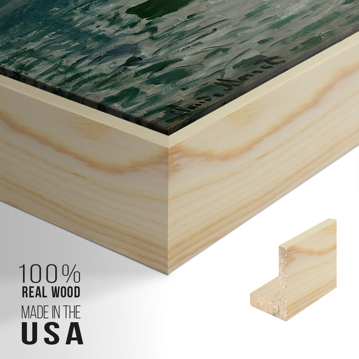 Close-up of the natural wood floater frame corner and gallery wrapped canvas construction.